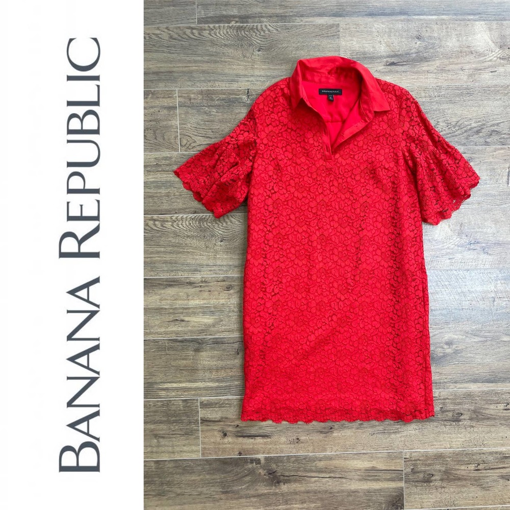 Banana Republic Flutter Sleeve Polo Red Lace Shift Dress (S) - Picture 1 of 6